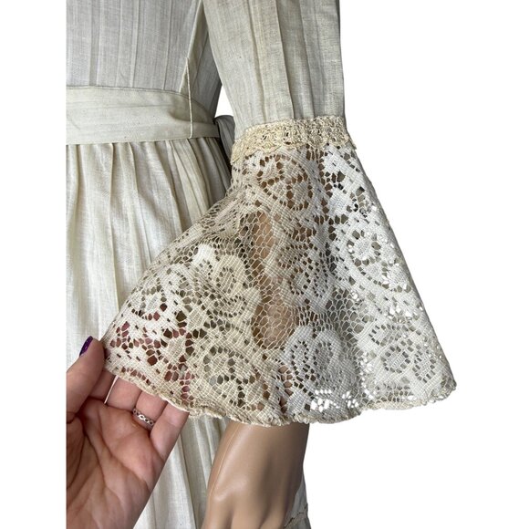 Vintage 70s Ivory Boho Praire Cottagecore Tiered Maxi Dress Crochet Bell Sleeves - Picture 15 of 16